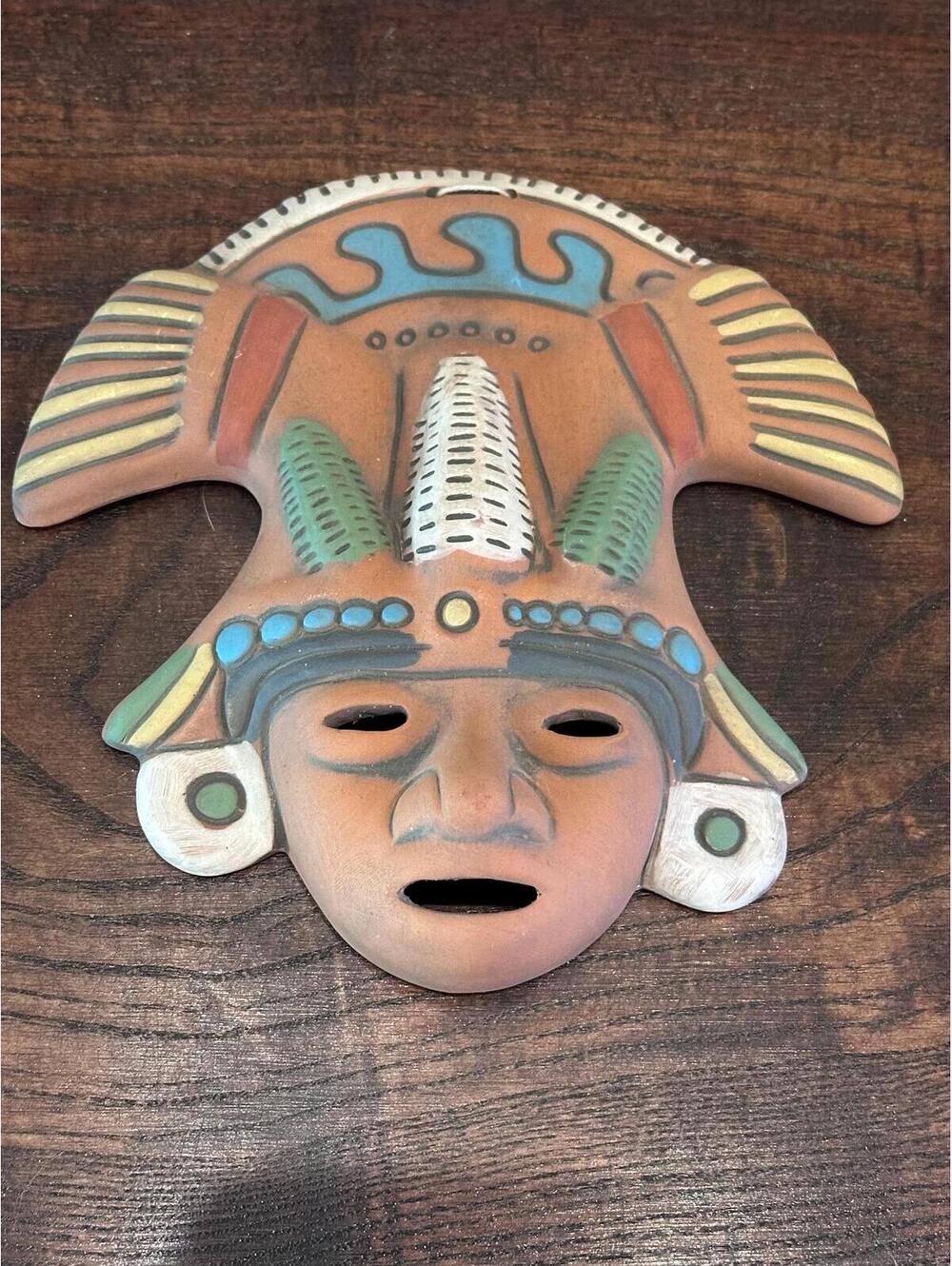 Aztec Mayan Inspired Terracotta Mask with Headdress